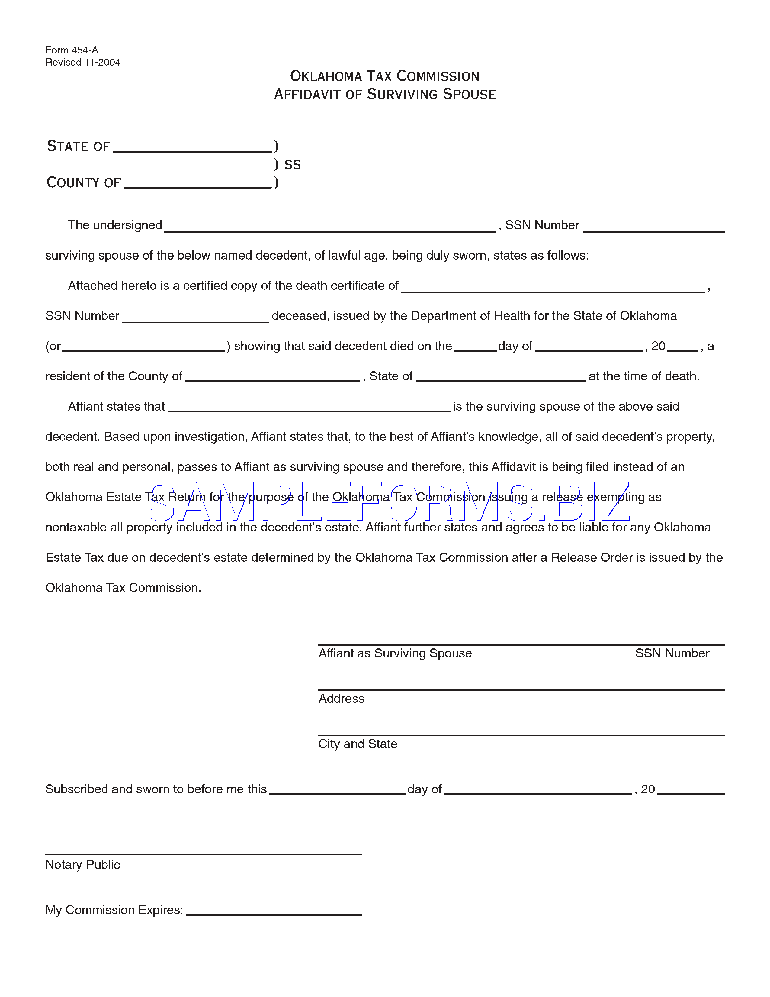 Preview free downloadable Oklahoma Affidavit of Surviving Spouse Form in PDF (page 1)